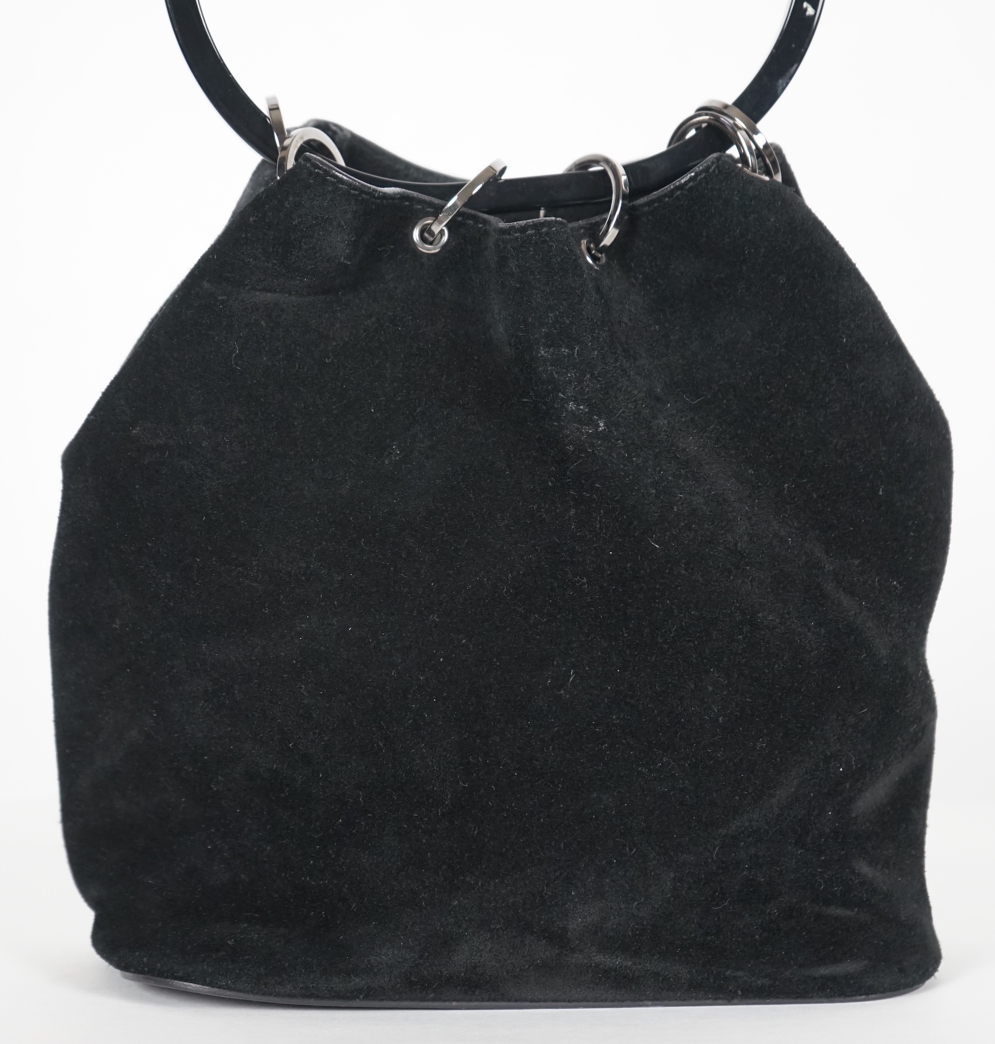 A vintage Gucci black Tom Ford era suede handbag, with dust bag, width 21cm, height overall 35cm, depth 11cm, Please note this lot attracts an additional import tax of 20% on the hammer price